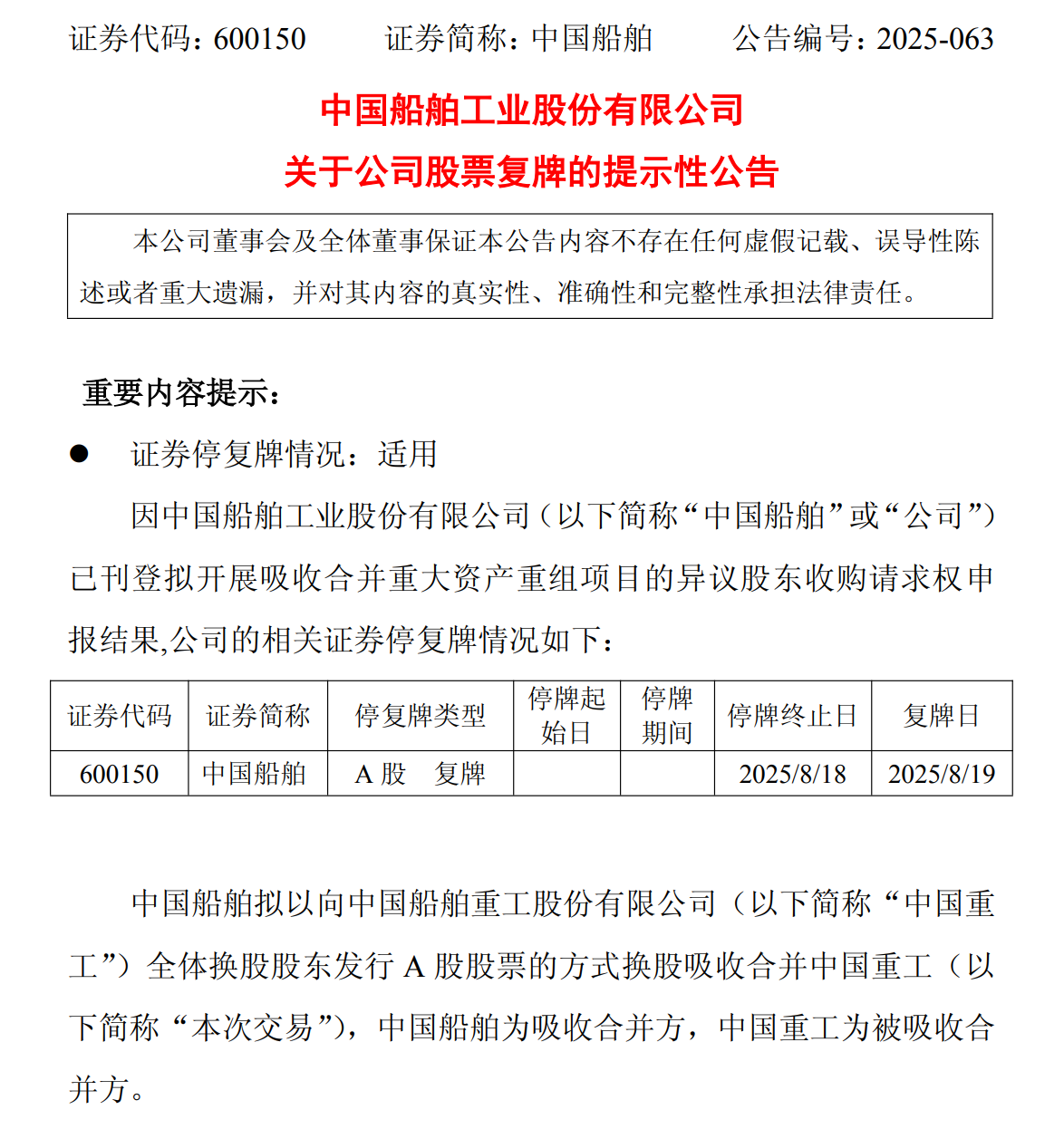 中國(guó)船舶公司股票于2025年8月19日開市起復(fù)牌
